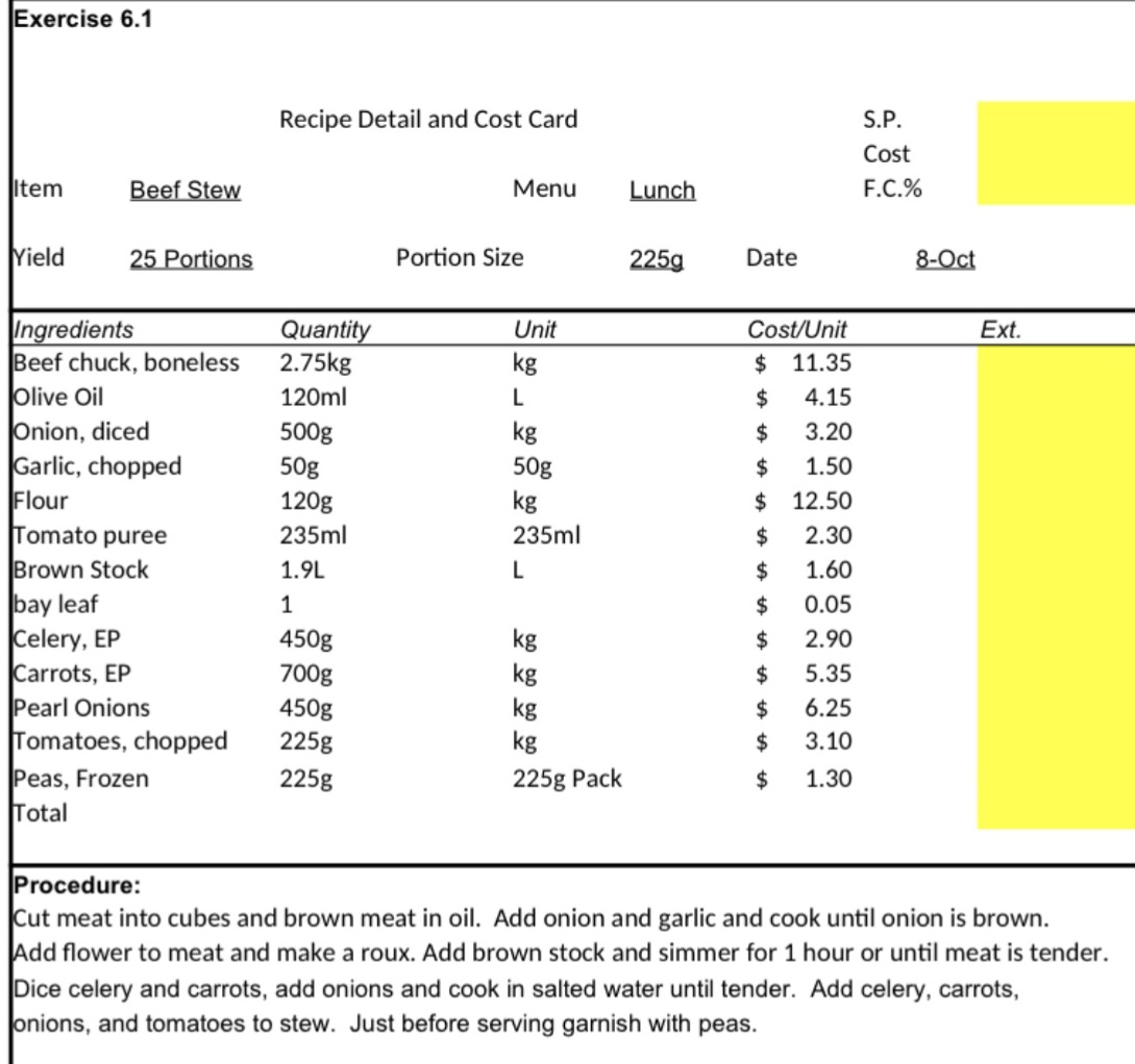 Exercise 6.1 Recipe Detail and Cost Card S.P.