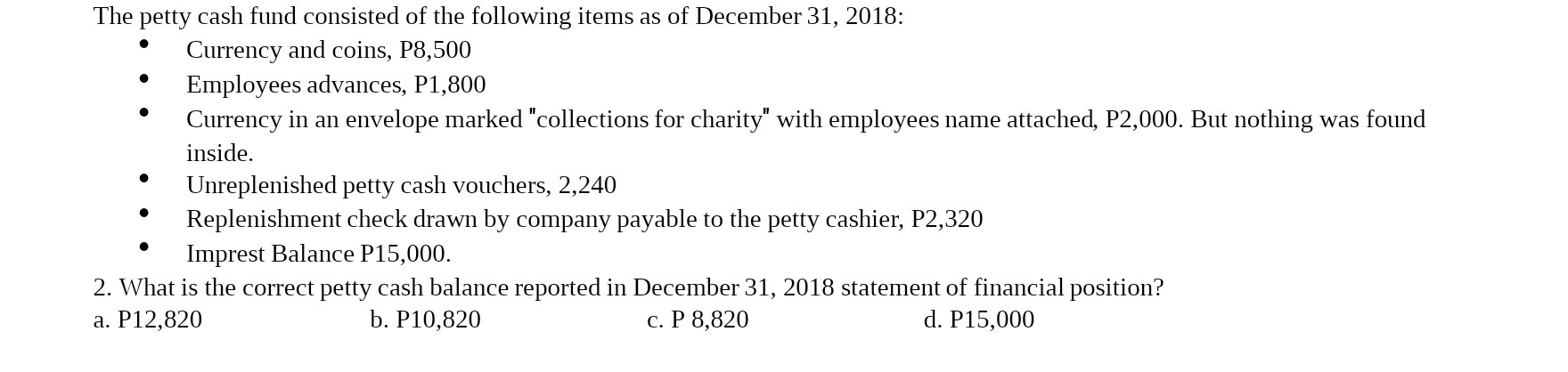 The petty cash fund consisted of the following