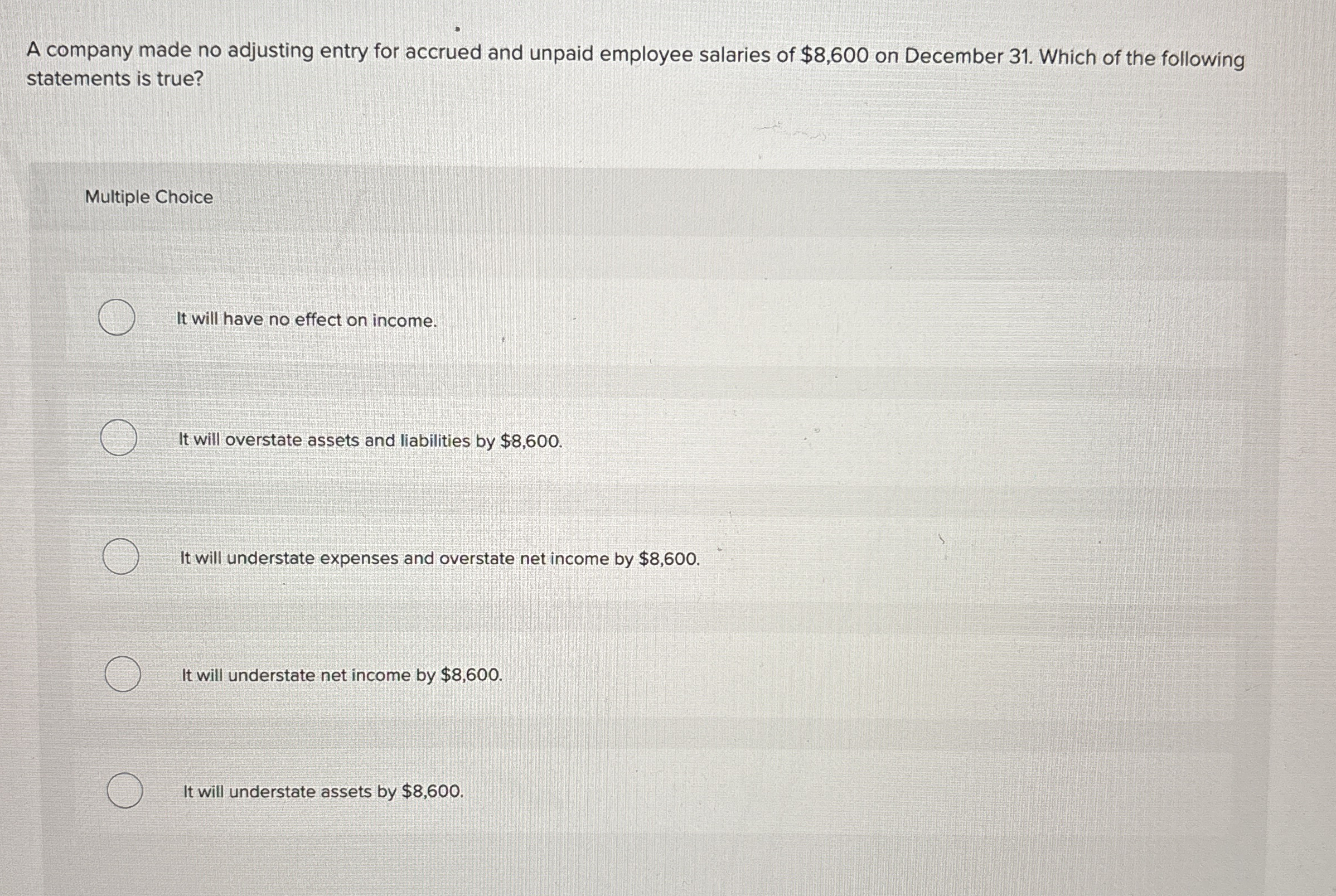A company made no adjusting entry for accrued and