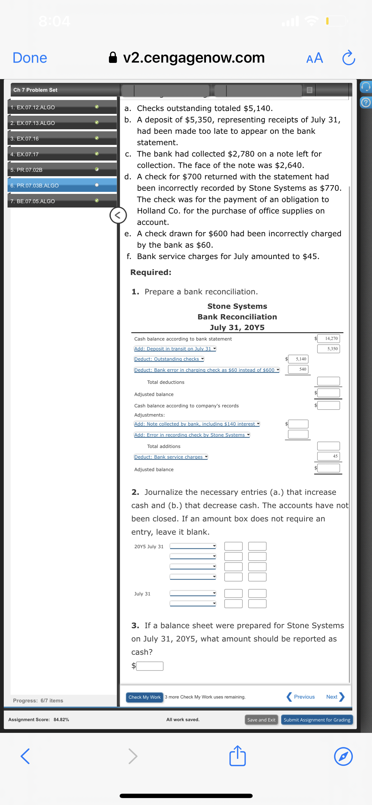 8:04 Done A v2.cengagenow.com AA Ch 7 Problem Set