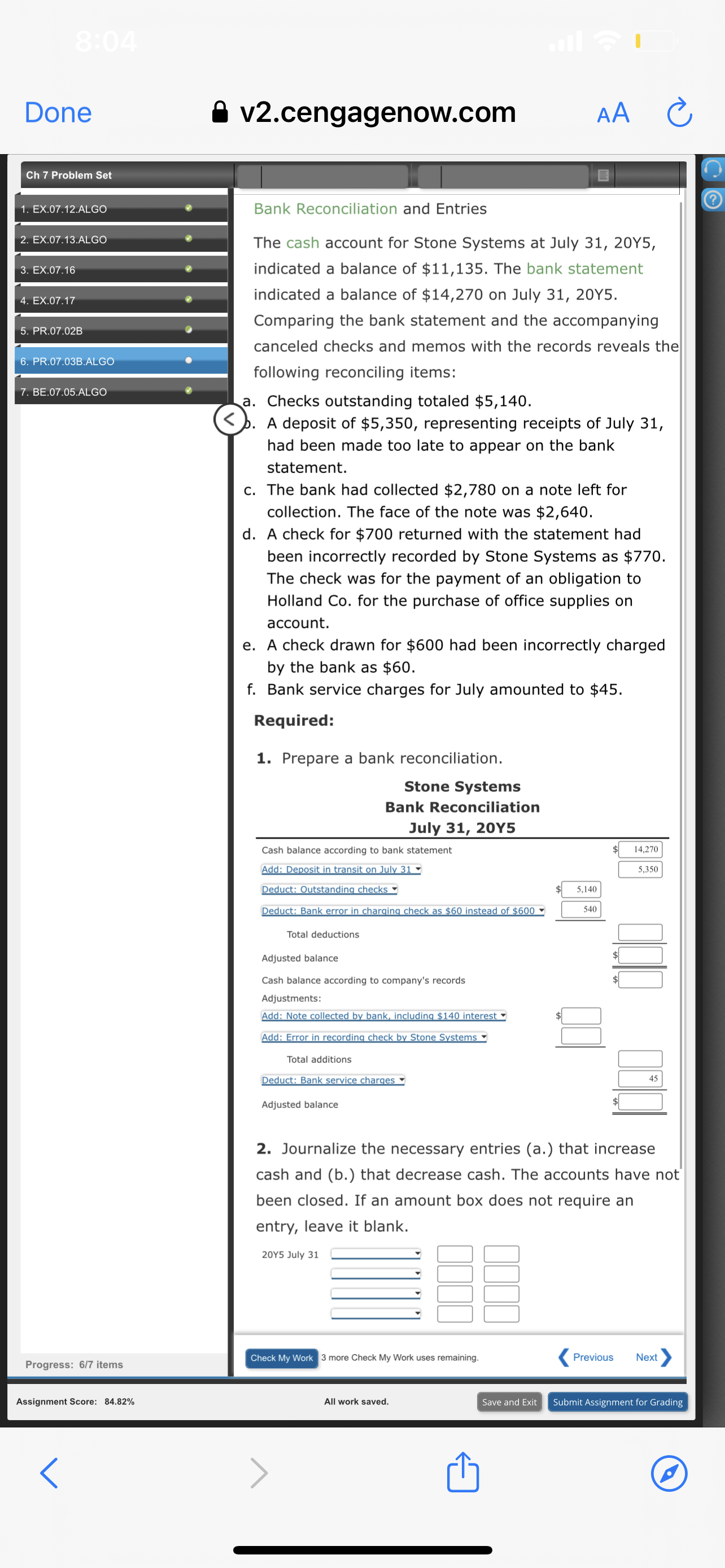 8:04 Done A v2.cengagenow.com AA Ch 7 Problem Set