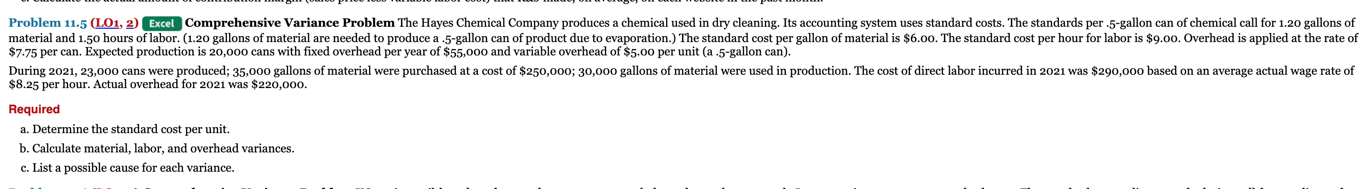 Problem 11.5 (LO1, 2) Excel Comprehensive