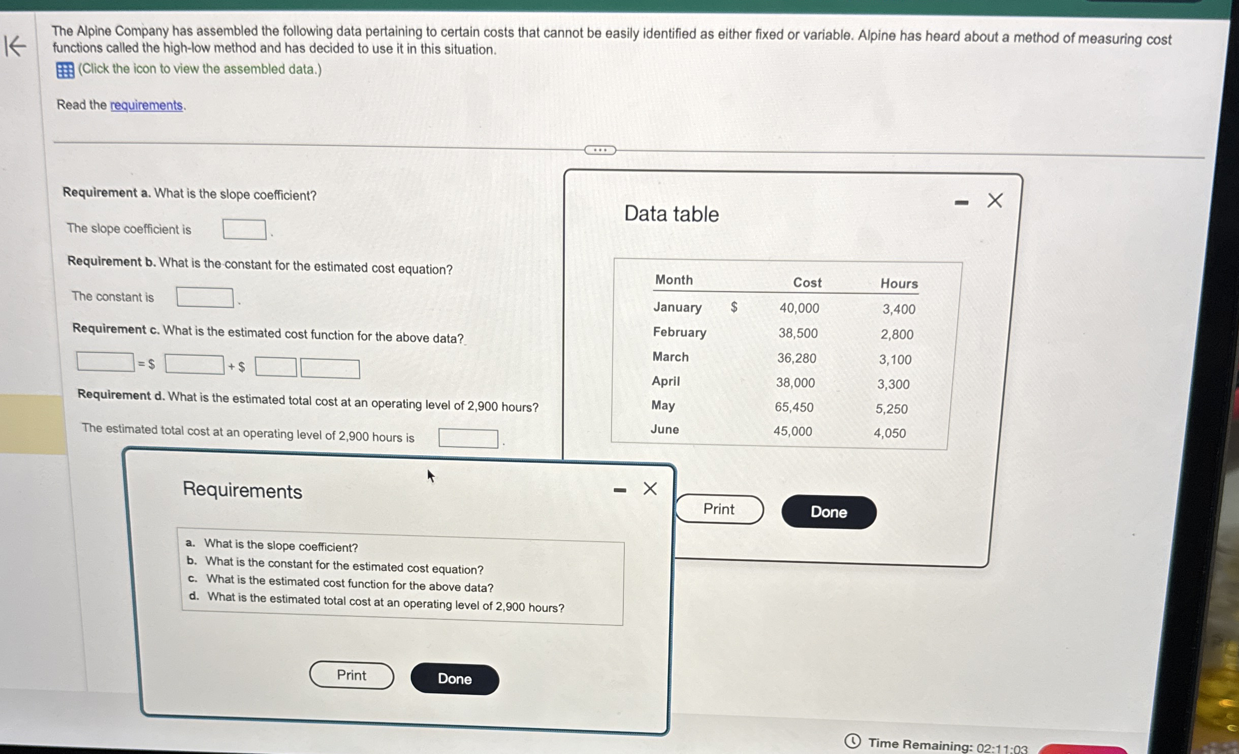 The Alpine Company has assembled the following