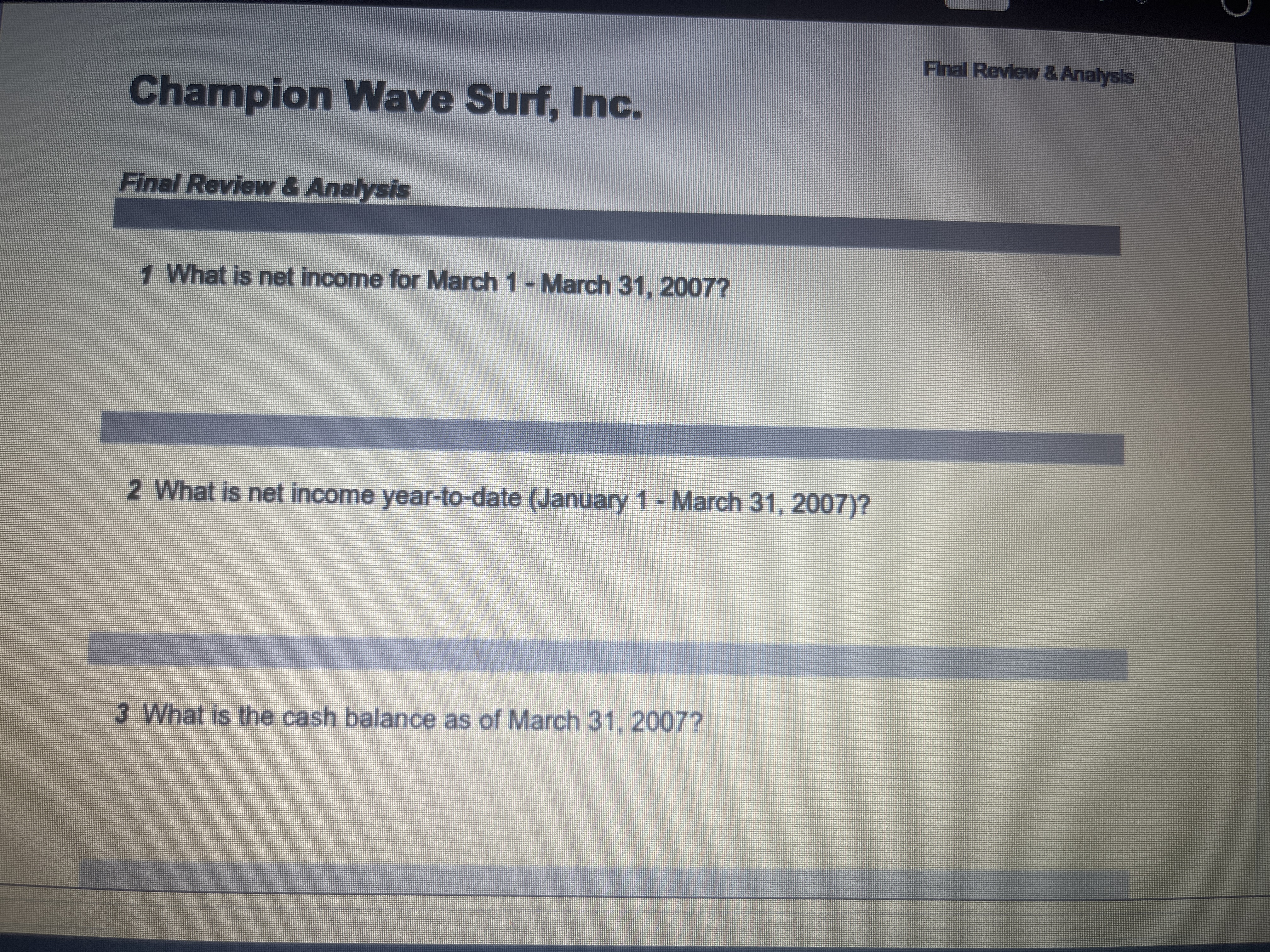 Check Figures Selected figures from the justed