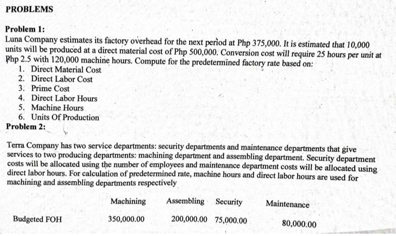 Sub: Cost Accounting PROBLEMS Problem 1: Luna