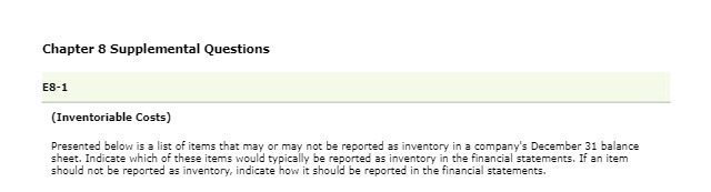 Chapter 8 Supplemental Questions E8-1