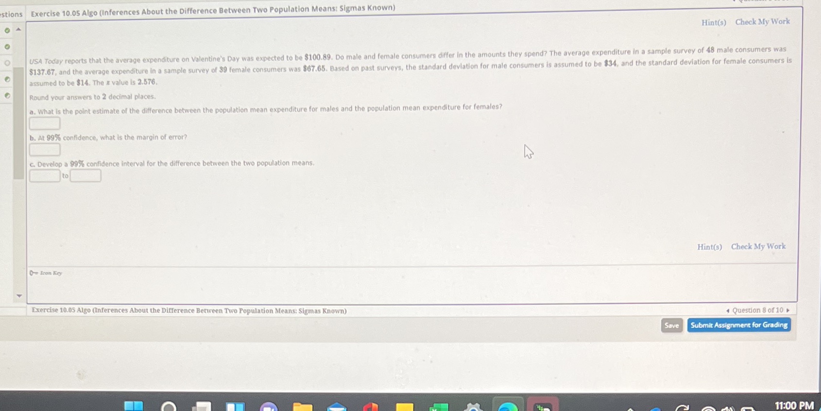 stions Exercise 10.05 Algo (Inferences About the