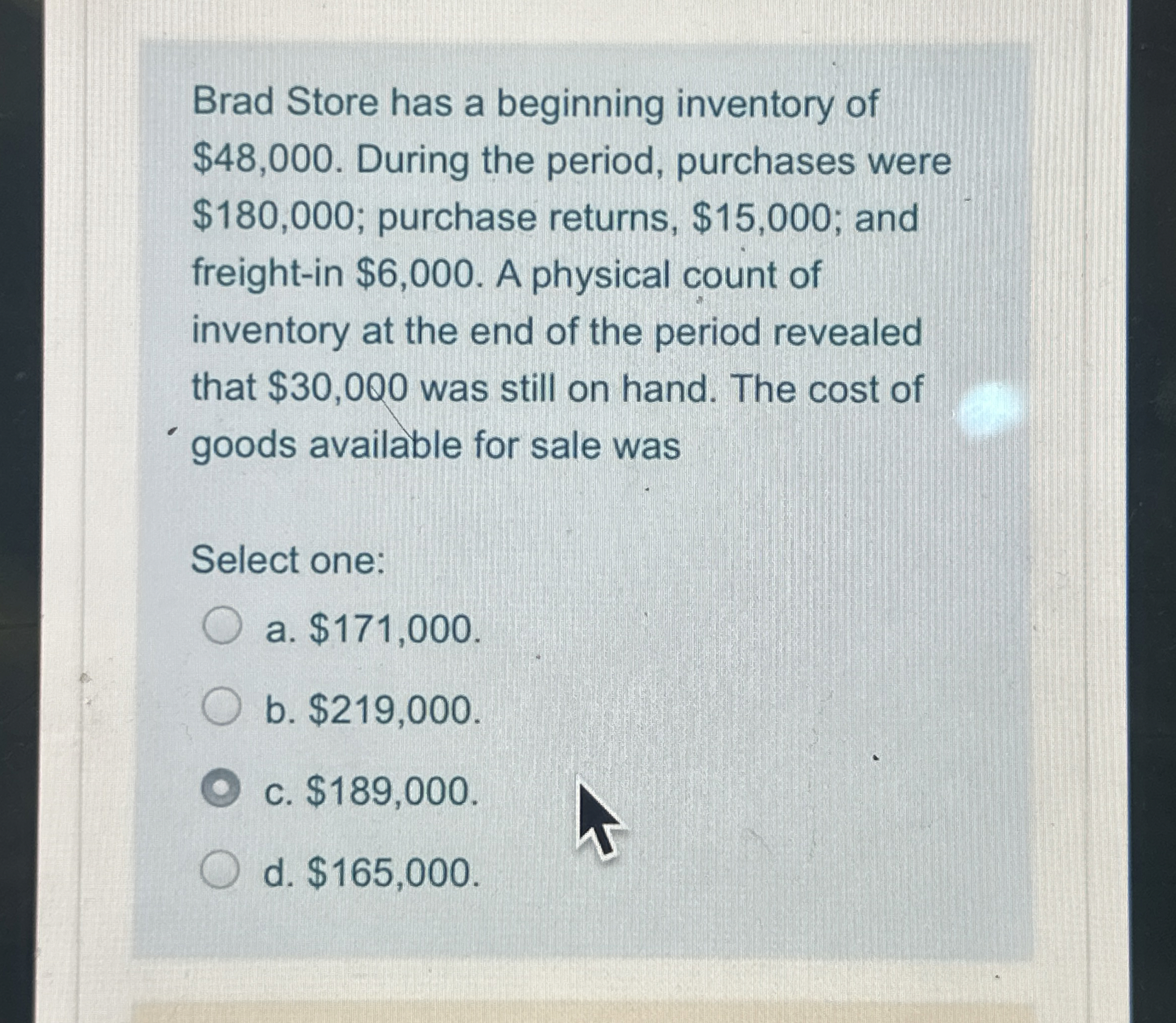 Brad Store has a beginning inventory of $ 4 8 , 0