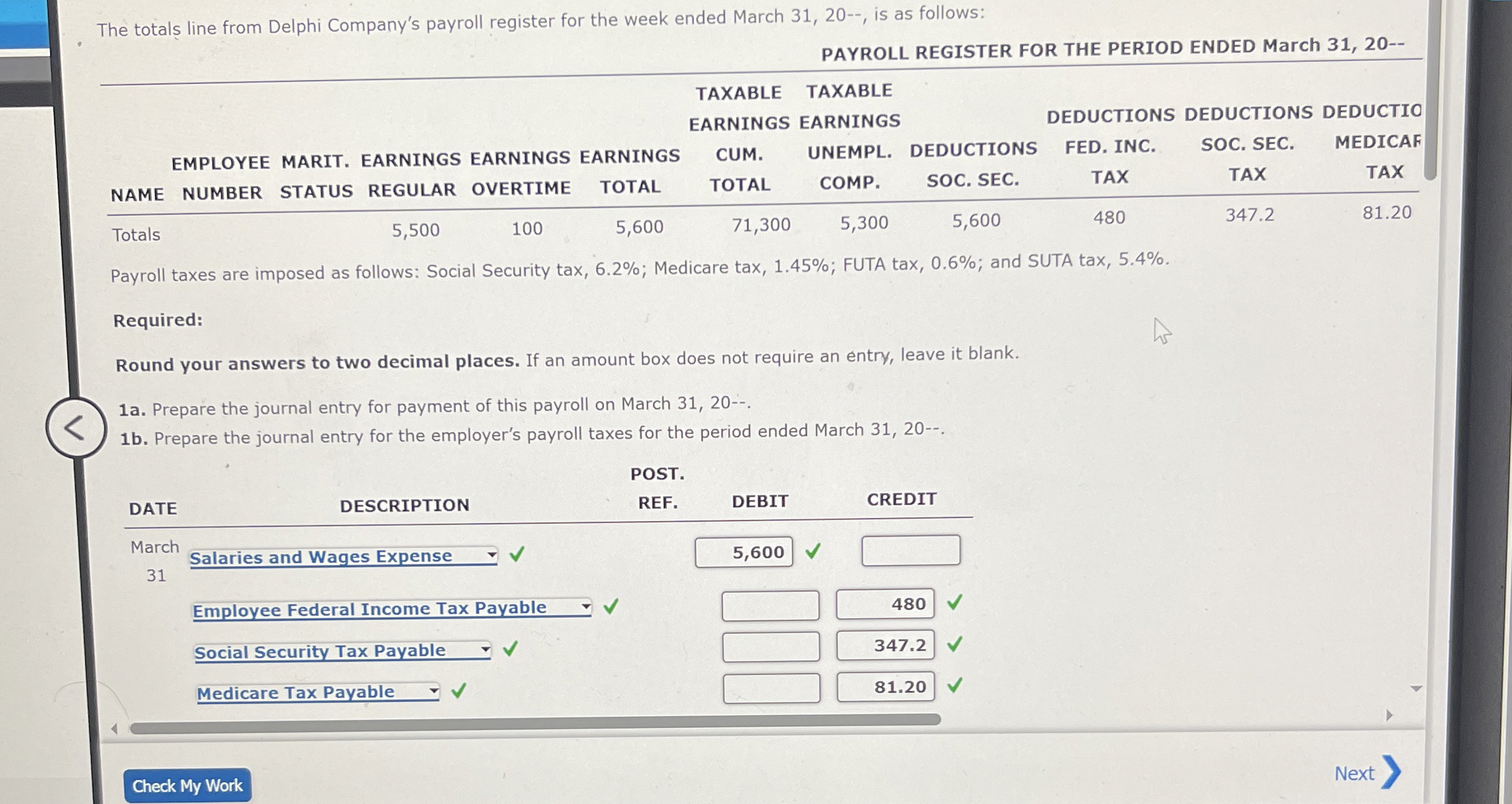 The totals line from Delphi Company's payroll