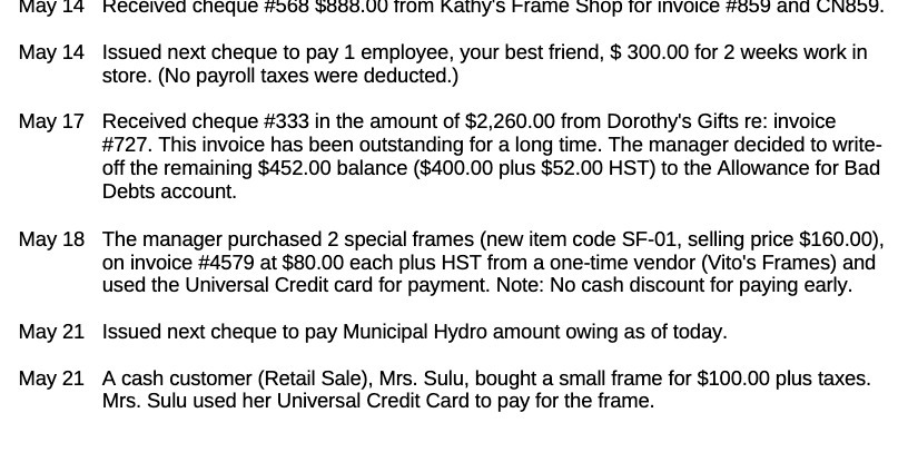 May 14 Received cheque #568 $888.00 from