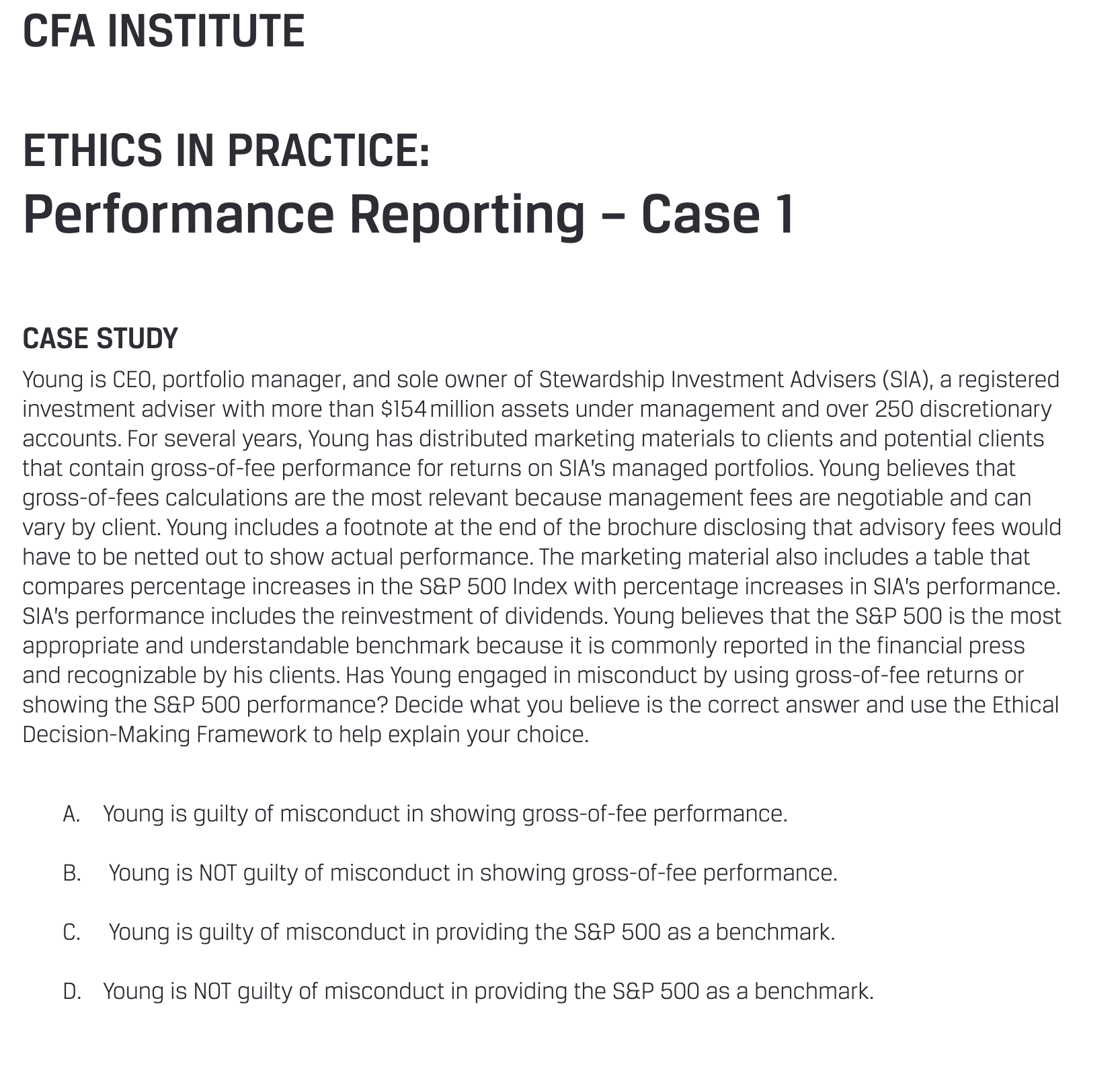 CFA INSTITUTE ETHICS IN PRACTICE: Performance