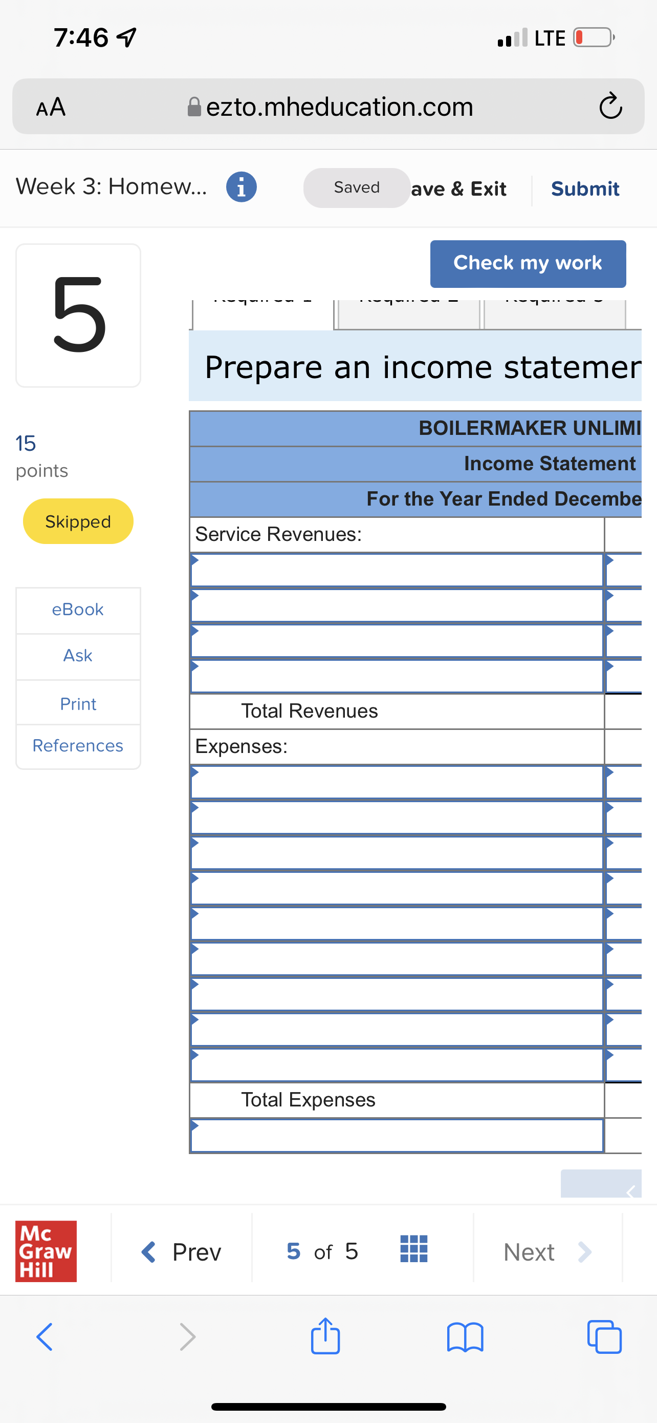 7:46 9 . LTE O AA ezto.mheducation.com C Week 3: