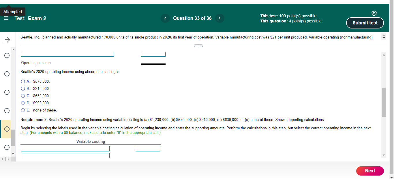 Attempted E Test: Exam 2 < Question 33 of 36 This