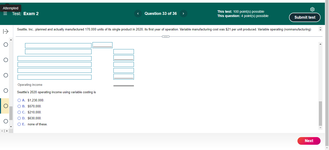 Attempted E Test: Exam 2 < Question 33 of 36 This