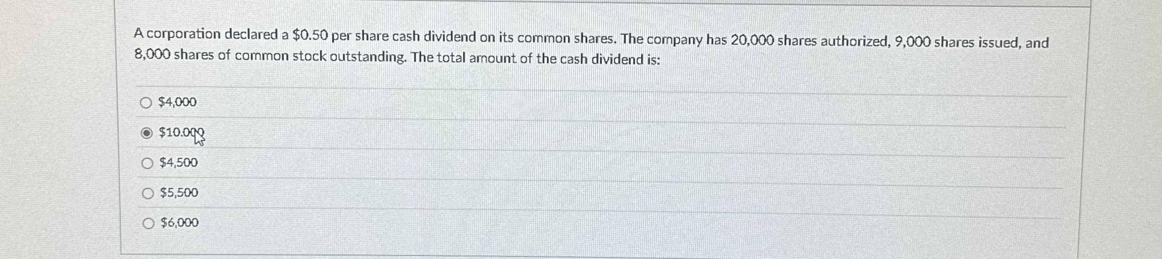 A corporation declared a $ 0 . 5 0 per share cash