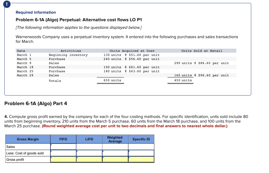 Required information Problem 6-1A (Algo)