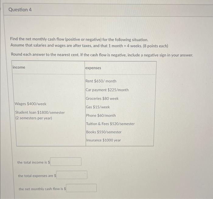 Question 4 Find the net monthly cash flow