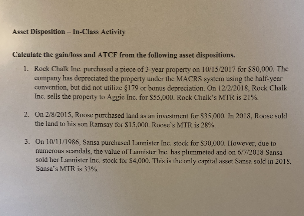 Asset Disposition - In-Class Activity Calculate