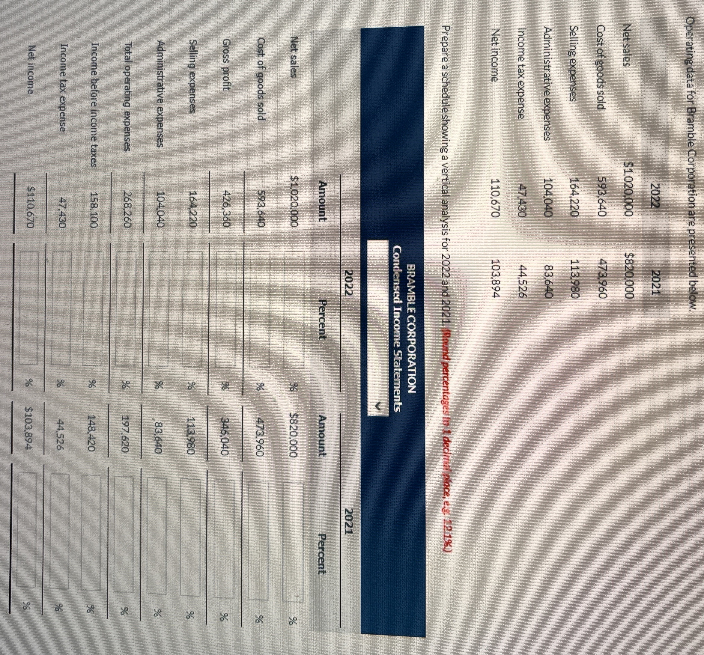 Operating data for Bramble Corporation are