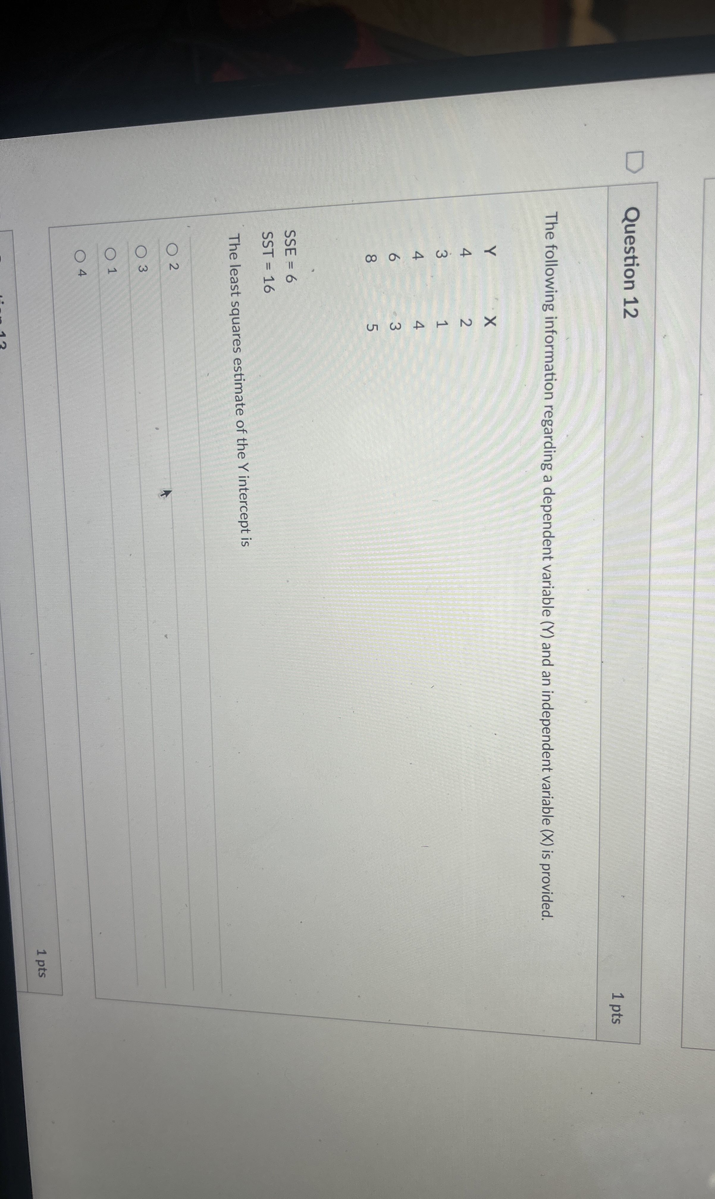 Question 1 2 1 pts The following information