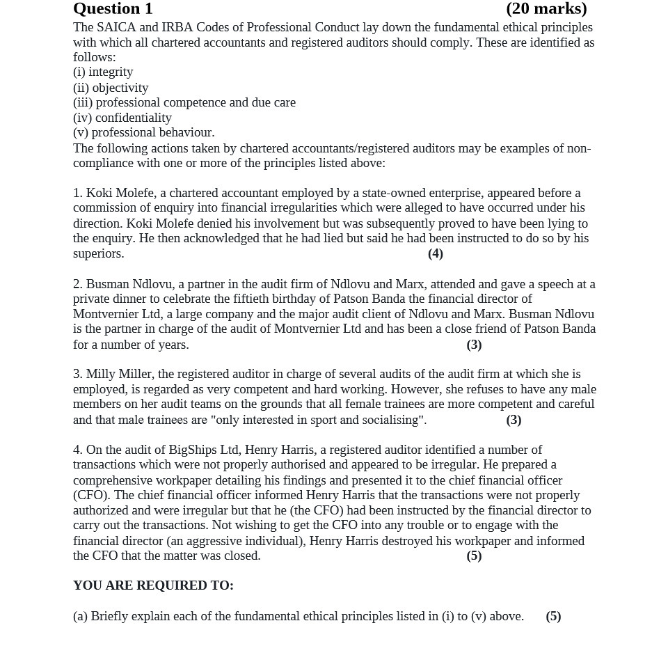 Question 1 (20 marks) The SAICA and IRBA Codes of