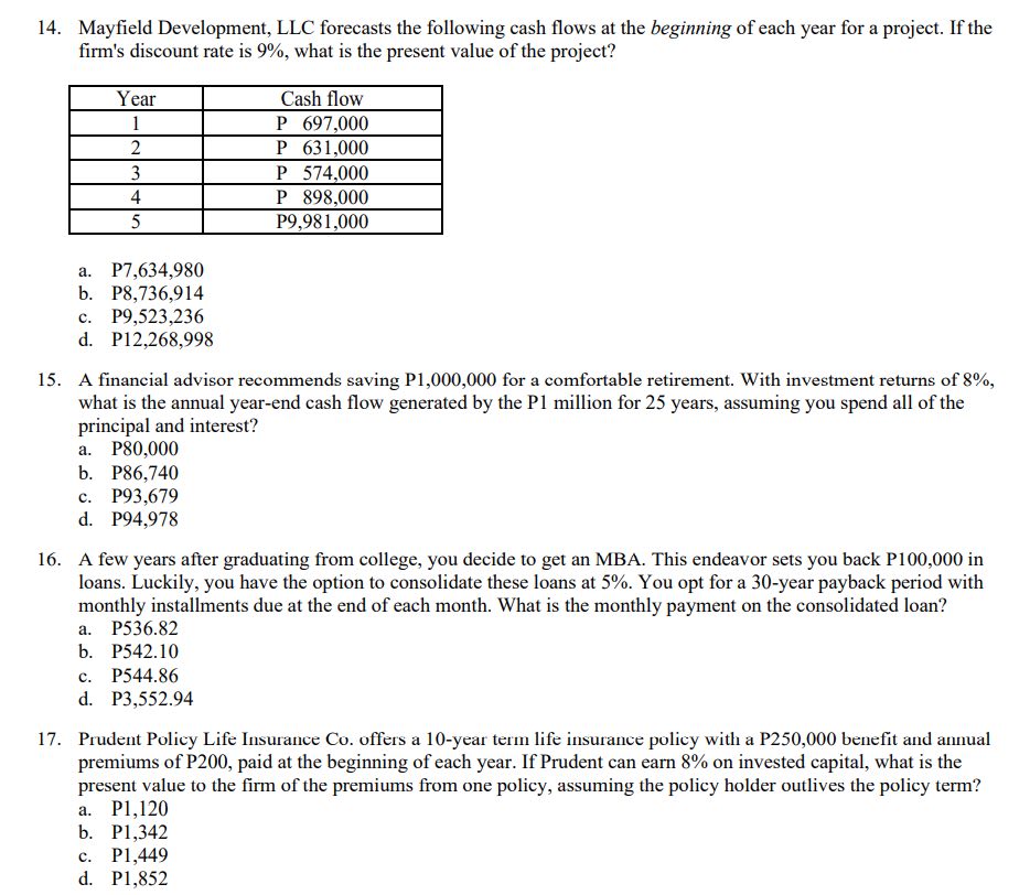 14. 15. 16. 1?. Mayeld Development, LLC forecasts