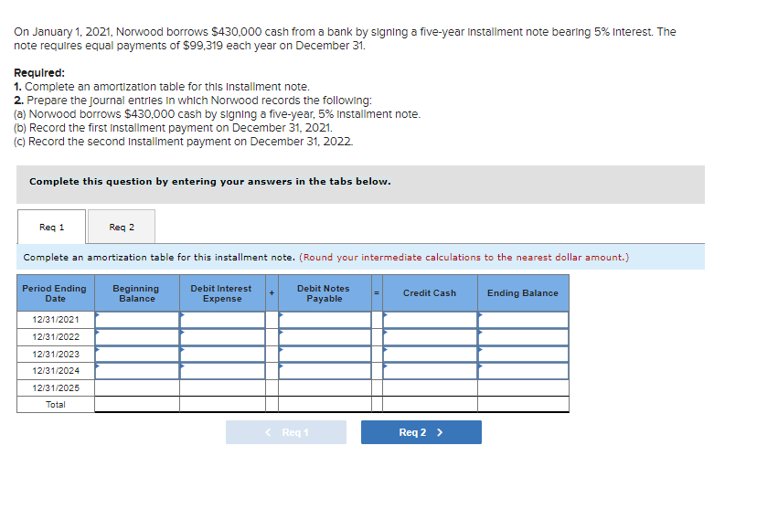 Q #1 On January 1, 2021, Norwood borrows $430,000