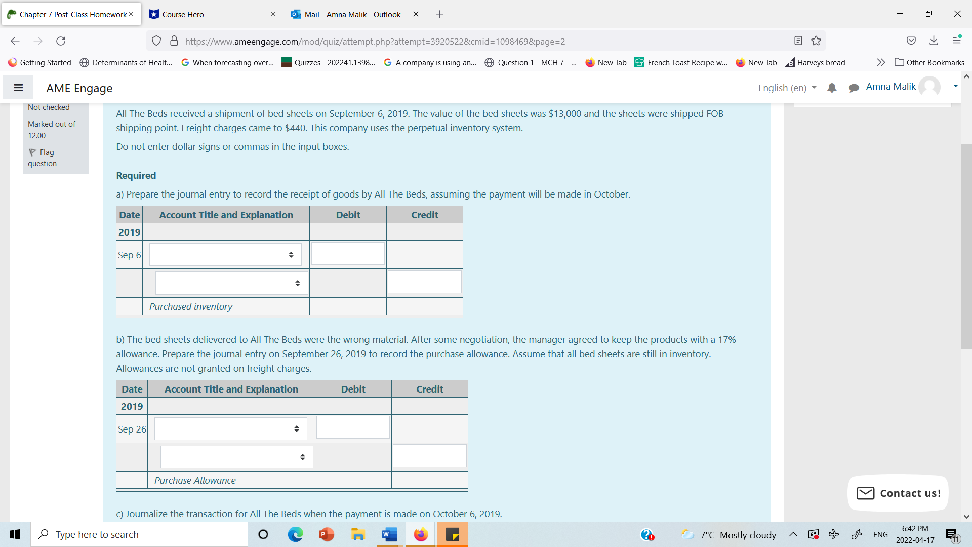 Chapter 7 Post-Class Homework X *Course Hero X