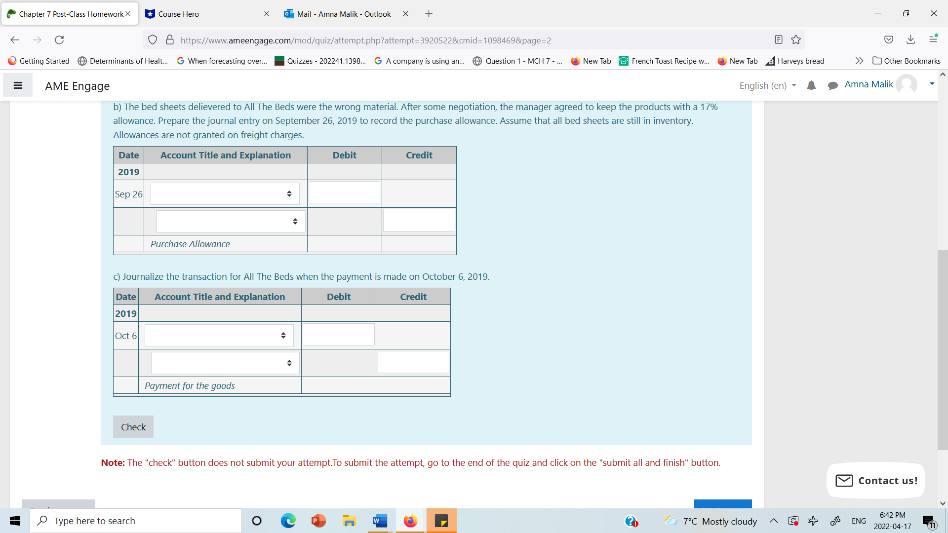 Chapter 7 Post-Class Homework X *Course Hero X
