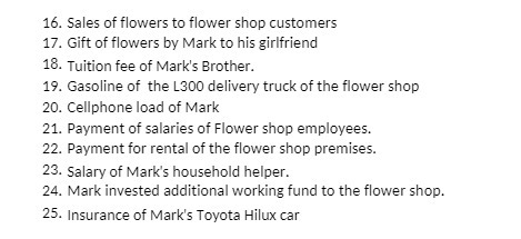 16. Sales of flowers to flower shop customers 17.