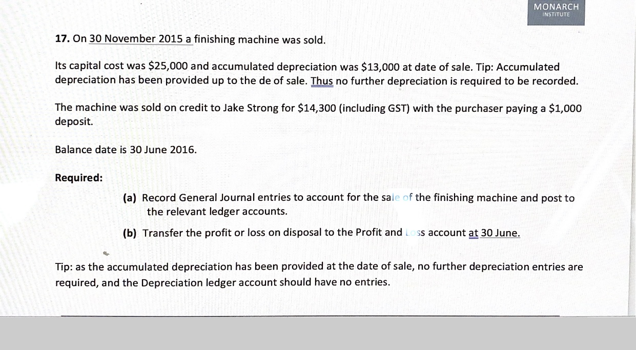 MONARCH INSTITUTE 17. On 30 November 2015 a