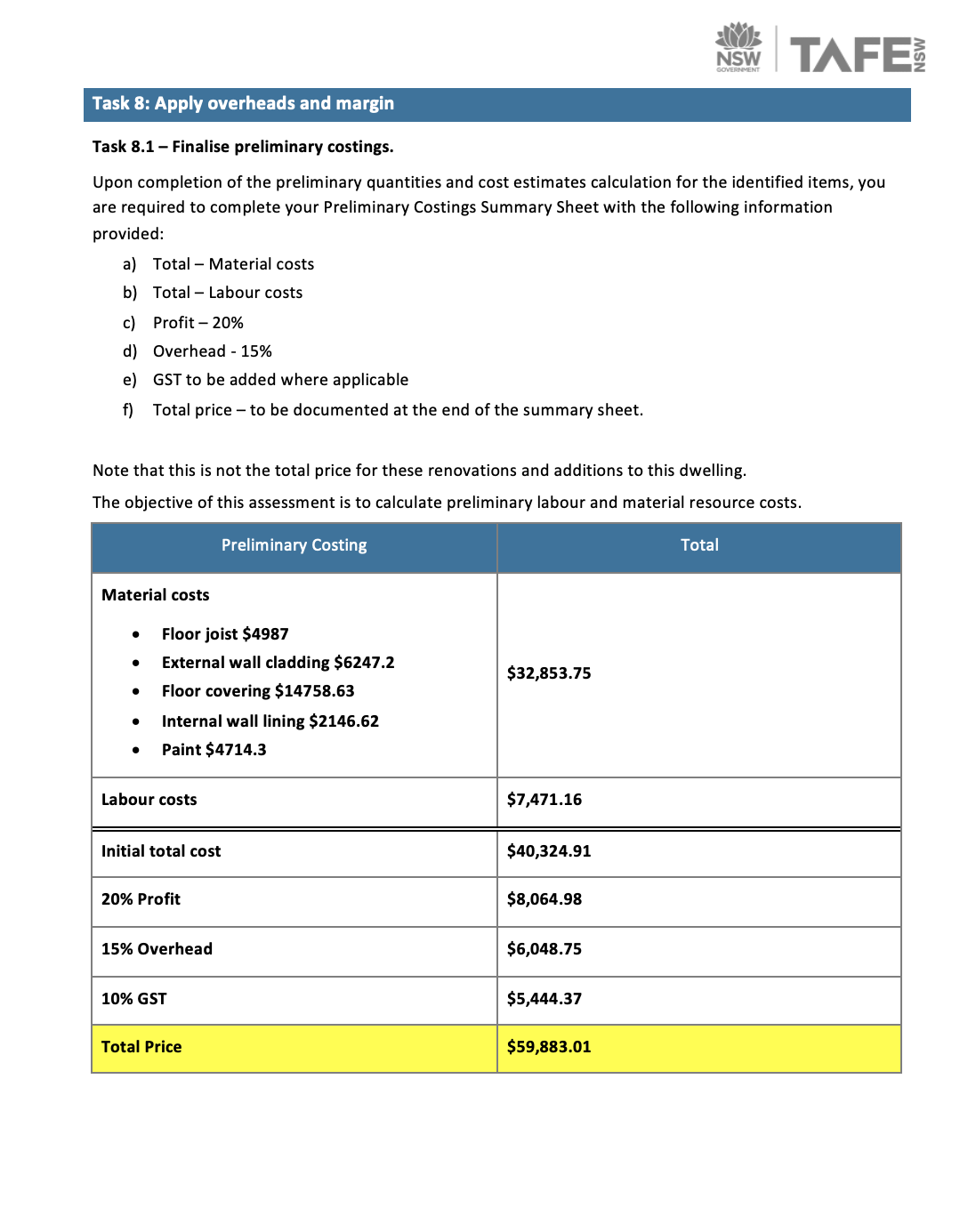 \"l TAFE: Task 8.1 Finalise preliminary costings.