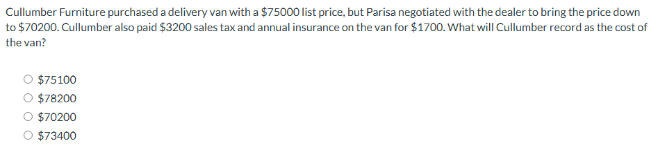 Cullumber Furniture purchased a delivery van with