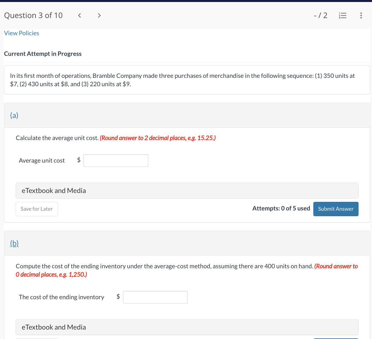 Question 1 of'IO > / 2 E View Policies Current