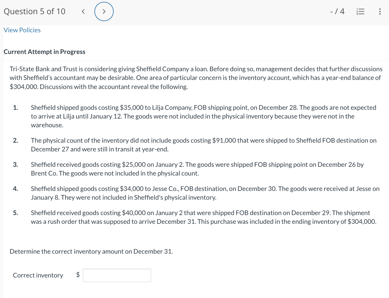 Question 1 of'IO > / 2 E View Policies Current