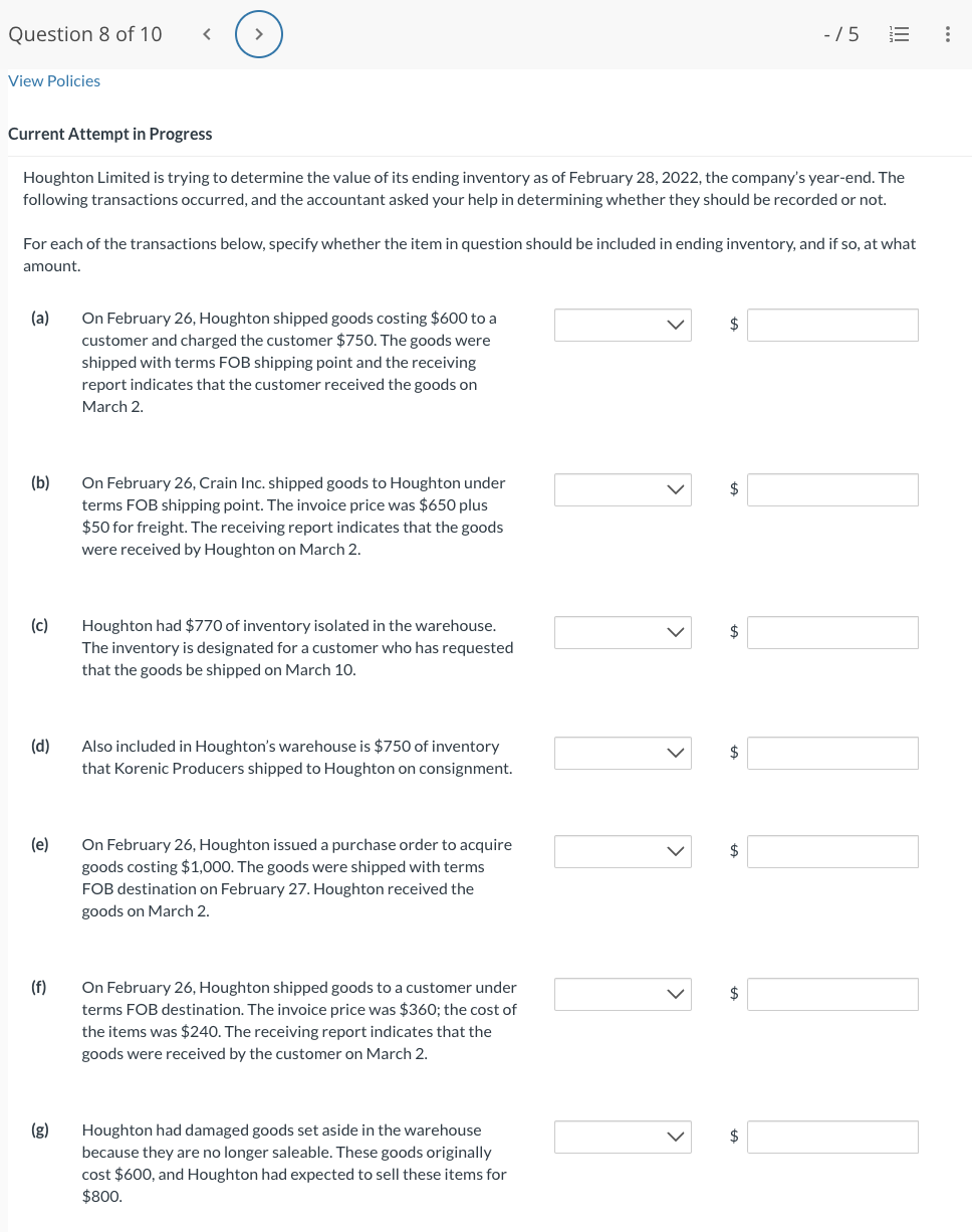 Question 1 of'IO > / 2 E View Policies Current