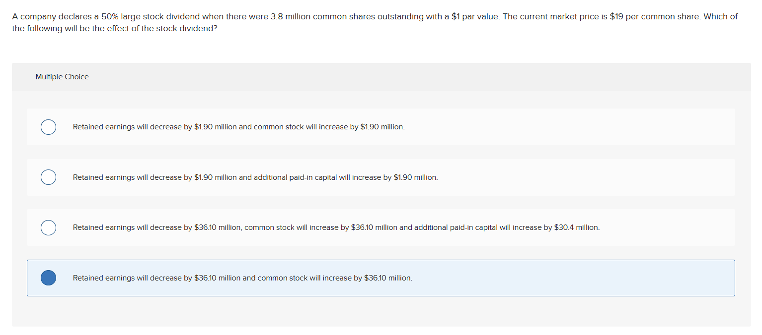 A company declares a 5 0 % large stock dividend