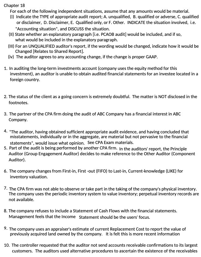 Chapter 18 For each of the foilowing independent