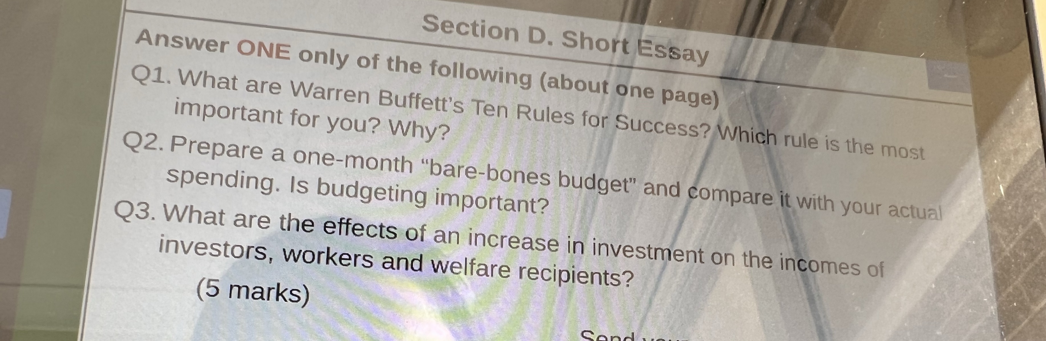 Section D. Short Essay Answer ONE only of the