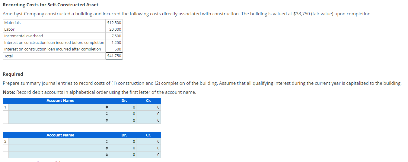 Recording Costs for Self-Constructed Asset