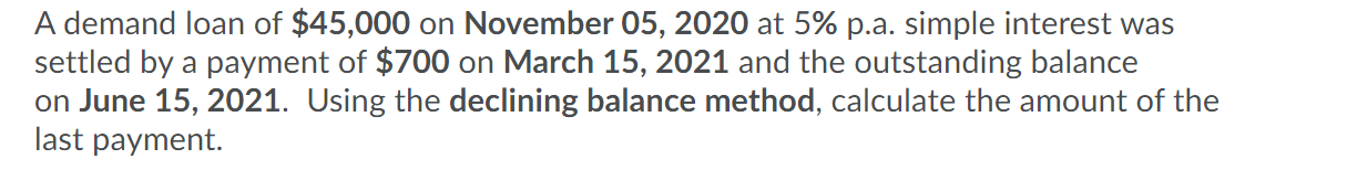 A demand loan of $45,000 on November 05, 2020 at