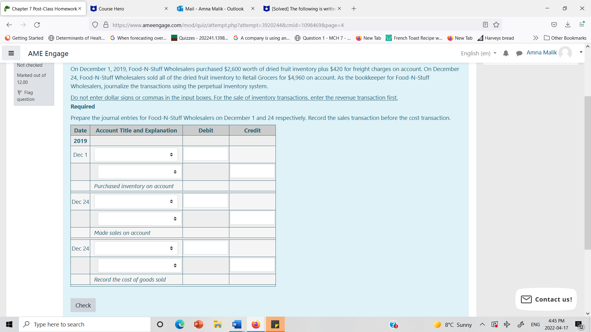 Chapter 7 Post-Class Homework X *Course Hero X