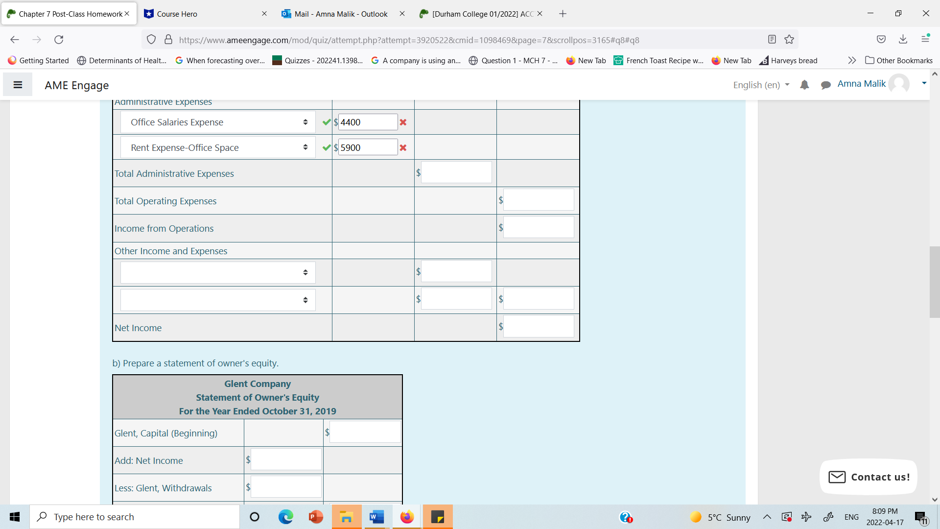 Chapter 7 Post-Class Homework X *Course Hero X
