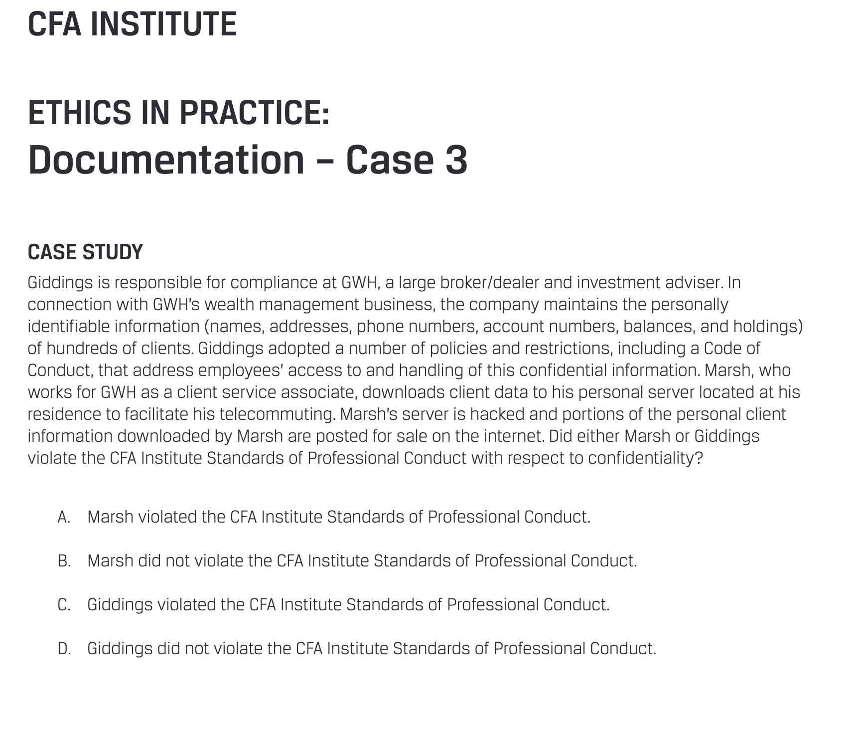 CFA INSTITUTE ETHICS IN PRACTICE: Documentation -