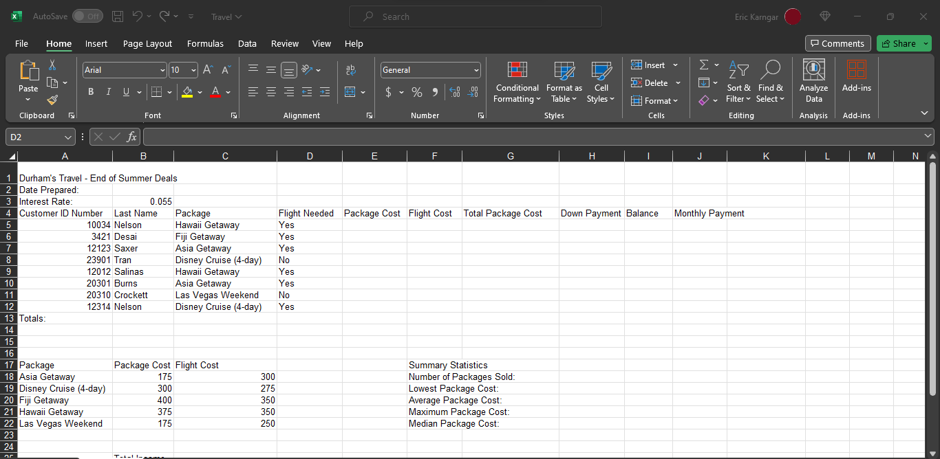 1. Durham Travel (50 Points) Data File needed for