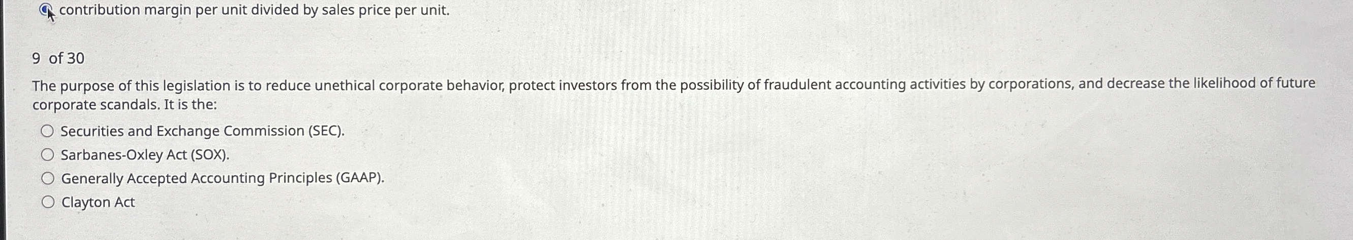 contribution margin per unit divided by sales