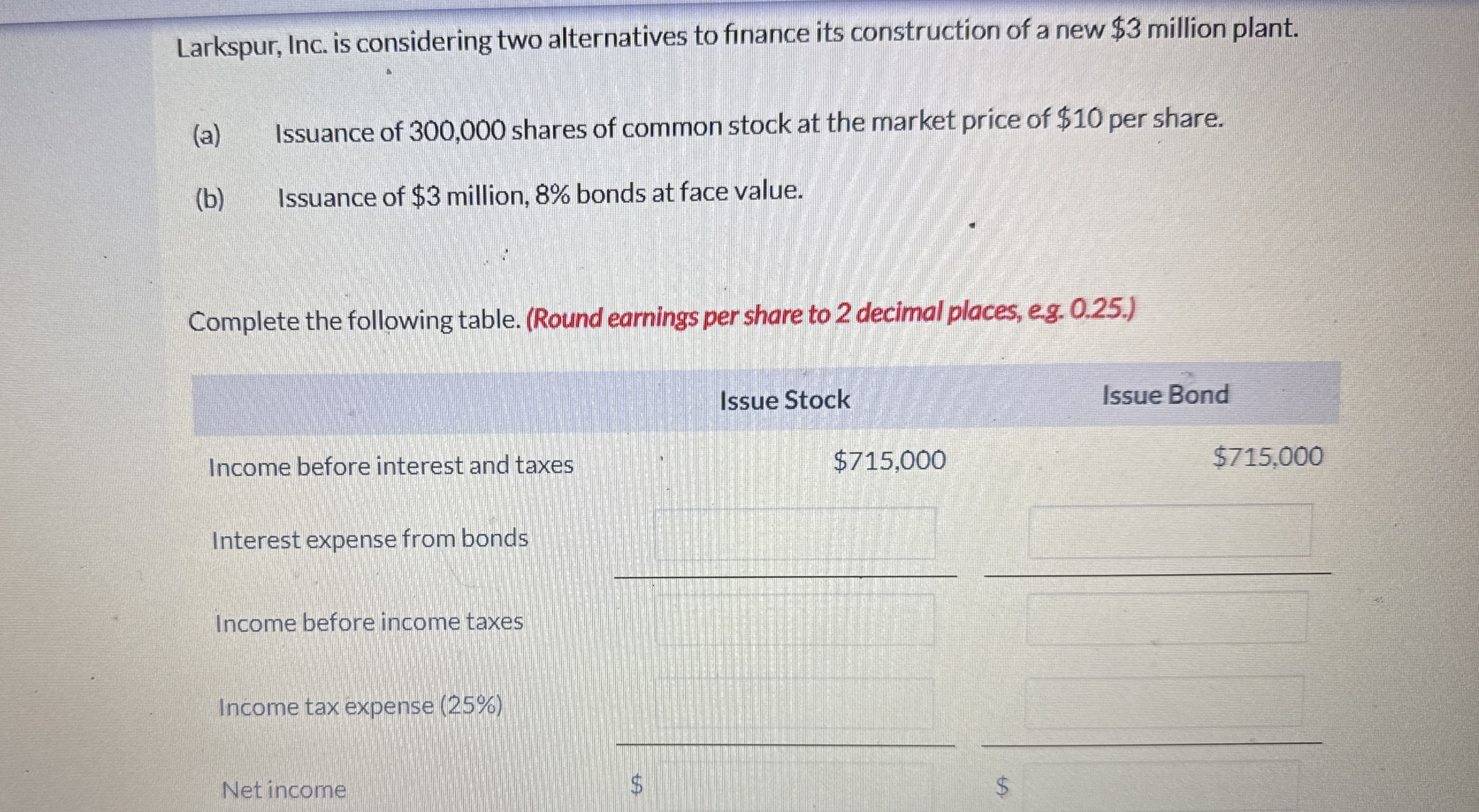 Larkspur, Inc. is considering two alternatives to