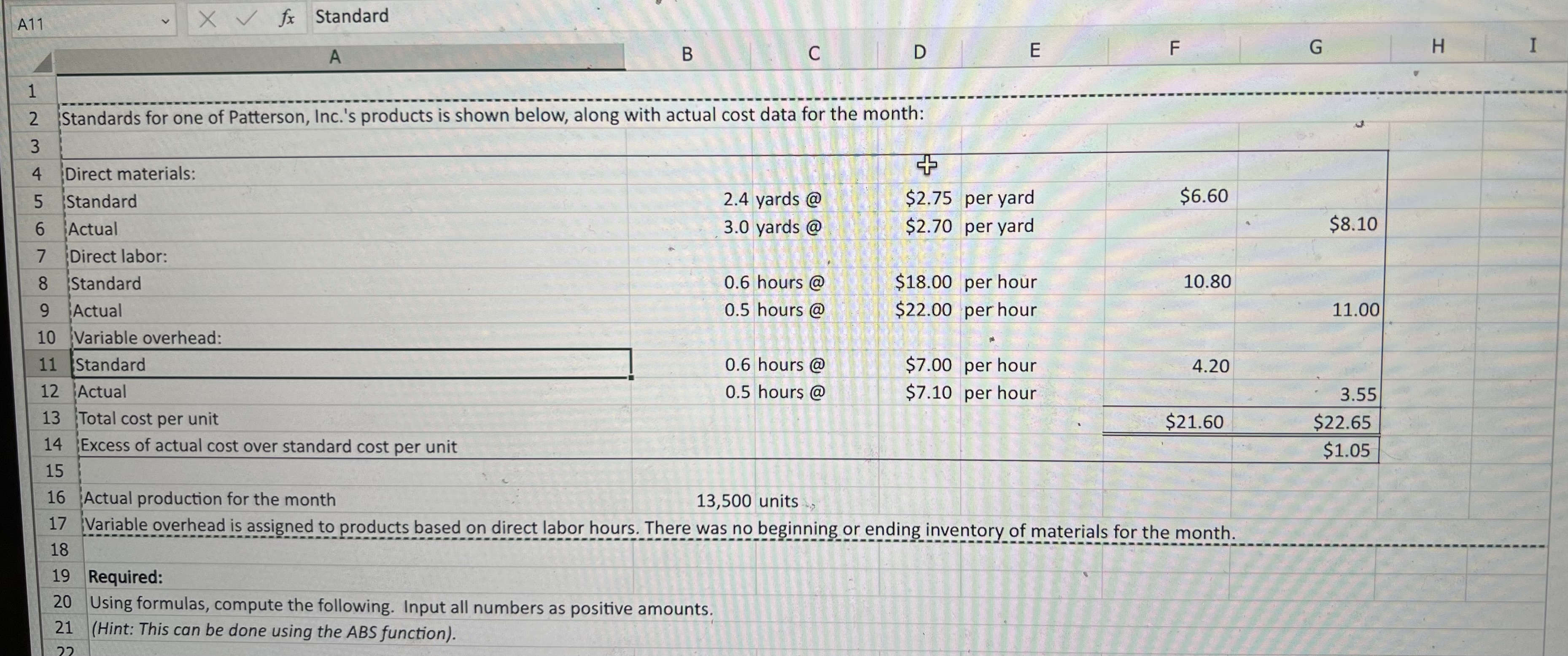 A11 X V fx Standard A B C D E F G H I N Standards