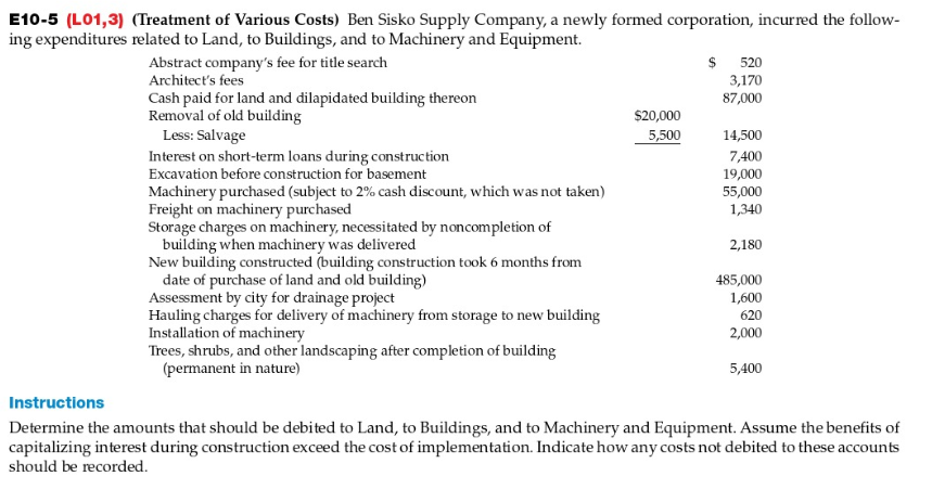 E10-5 (L01,3) (Treatment of Various Costs) Ben