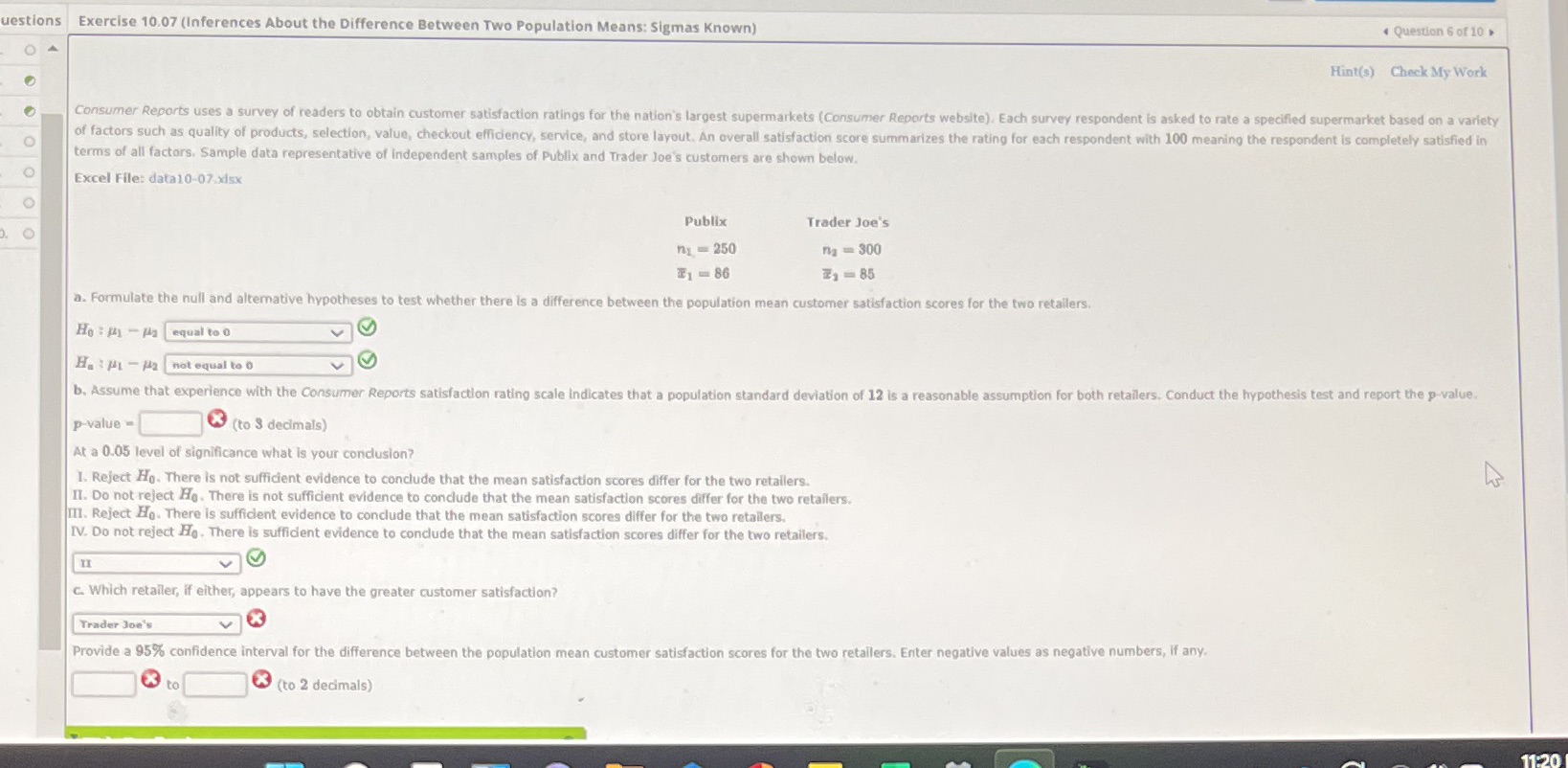 uestions Exercise 10.07 (Inferences About the